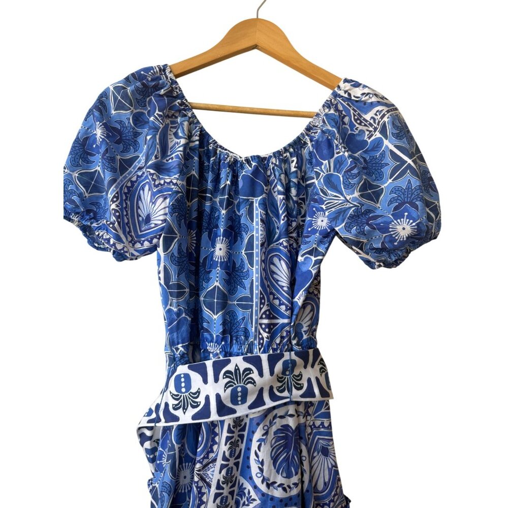 Farm Rio Maxi Blue And White Belted Dress Size L Anthropologie Blue Tile Dream - Picture 9 of 15